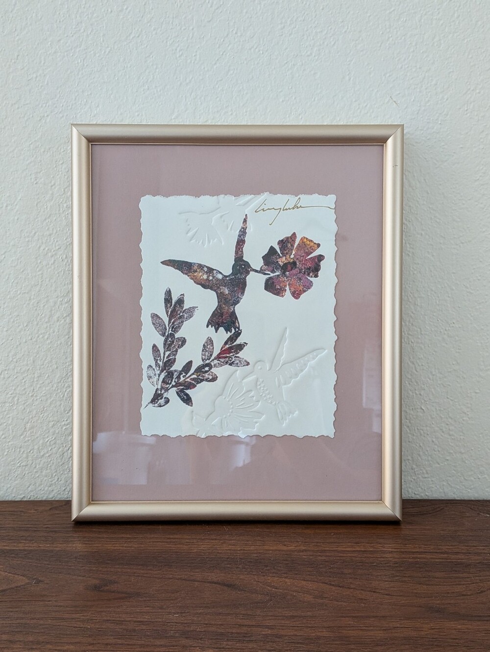 King Kuka Embossed Lithograph Hummingbird Framed Matted 12.25"x10.25"